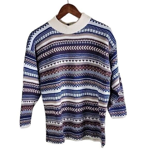 Vintage Croquet Club 90s Womens Fair Isle Knit Sweater size M Blue Mock Neck - Picture 1 of 8